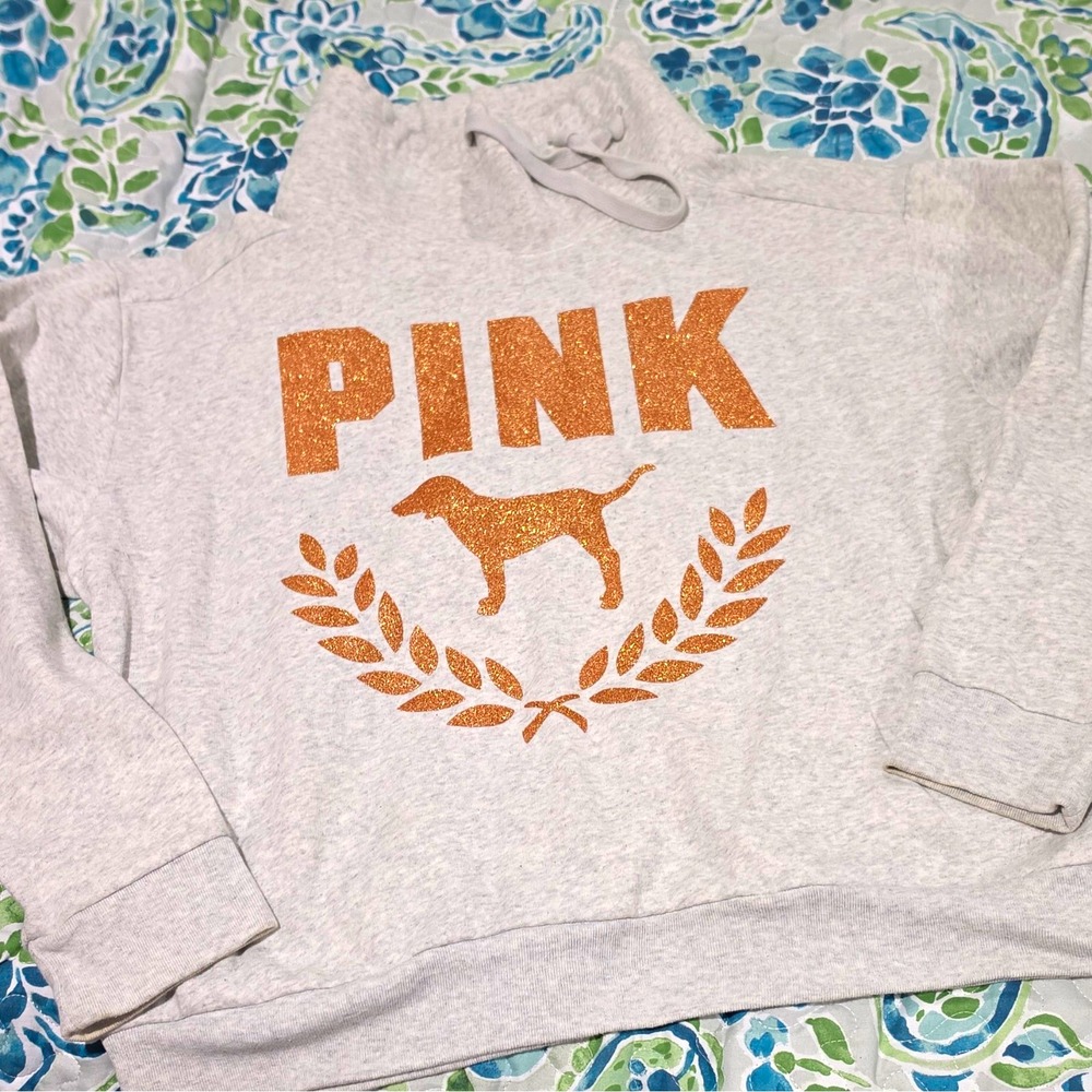 PINK Victoria's Secret Gray Pullover Fleece Hoodie Glitter Logo Dog Women L